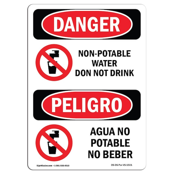 Safety Sign, OSHA Danger, 5" Height, Non-Potable Water Do Not Drink Bilingual Spanish, 10PK